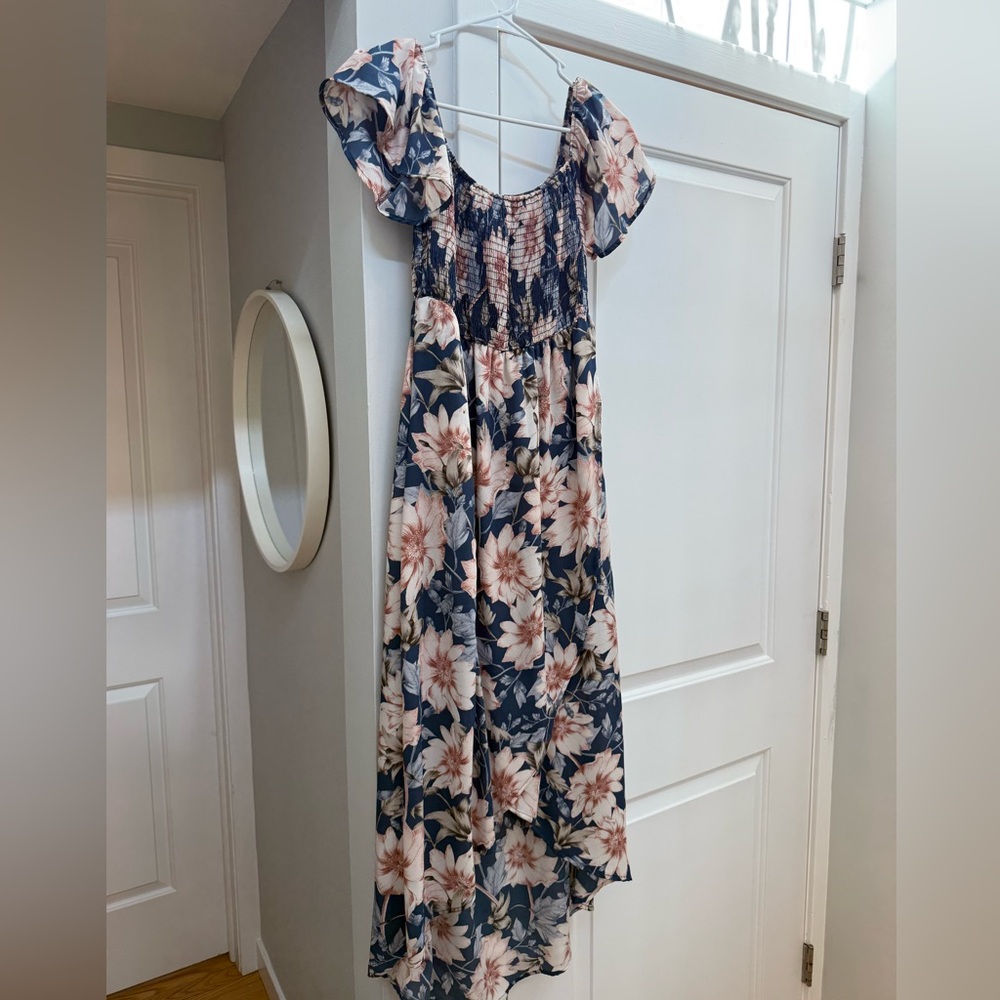 PinkBlush Blue Floral Off Shoulder Smocked Wrap Maternity Dress